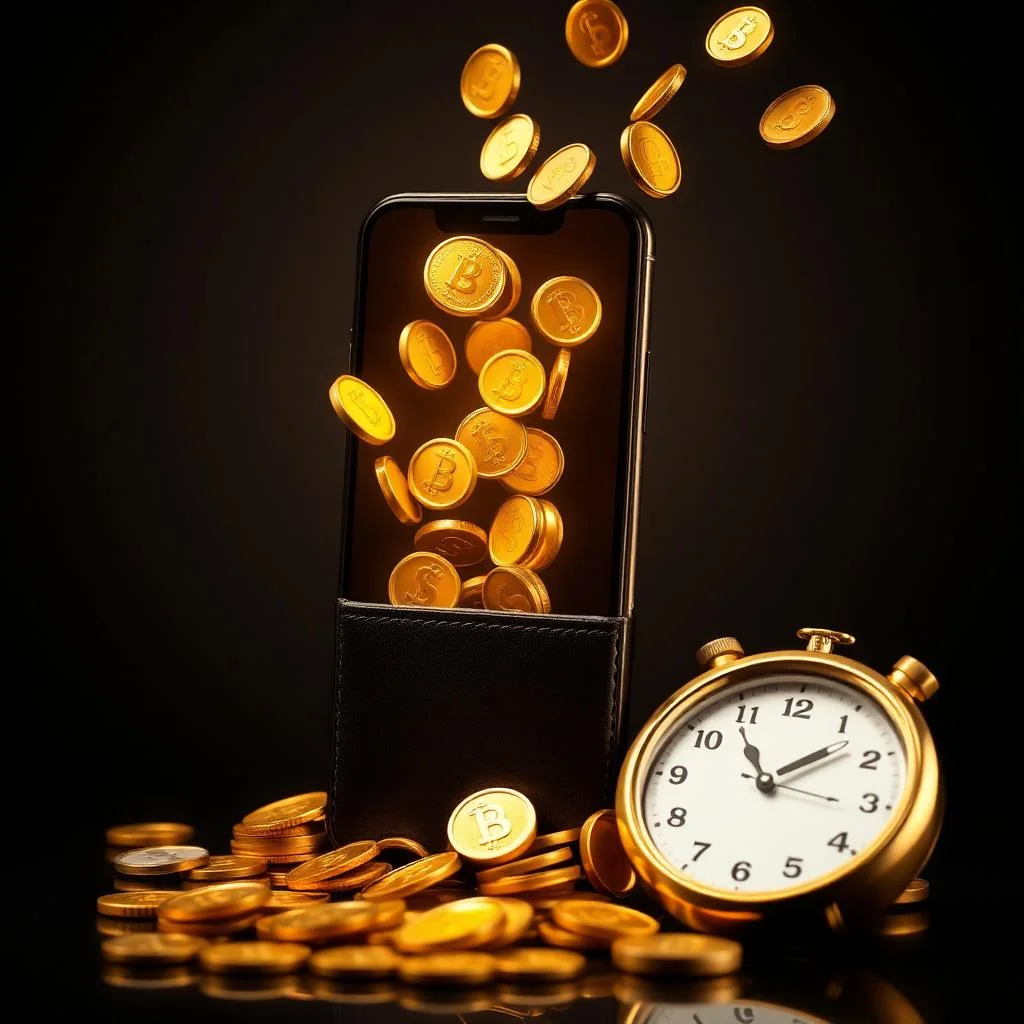 Royal X Casino fast withdrawals in Pakistan Smartphone spilling gold coins into a leather wallet next to a gold pocket-watch showing five minutes — fast Royal X Casino withdrawals
