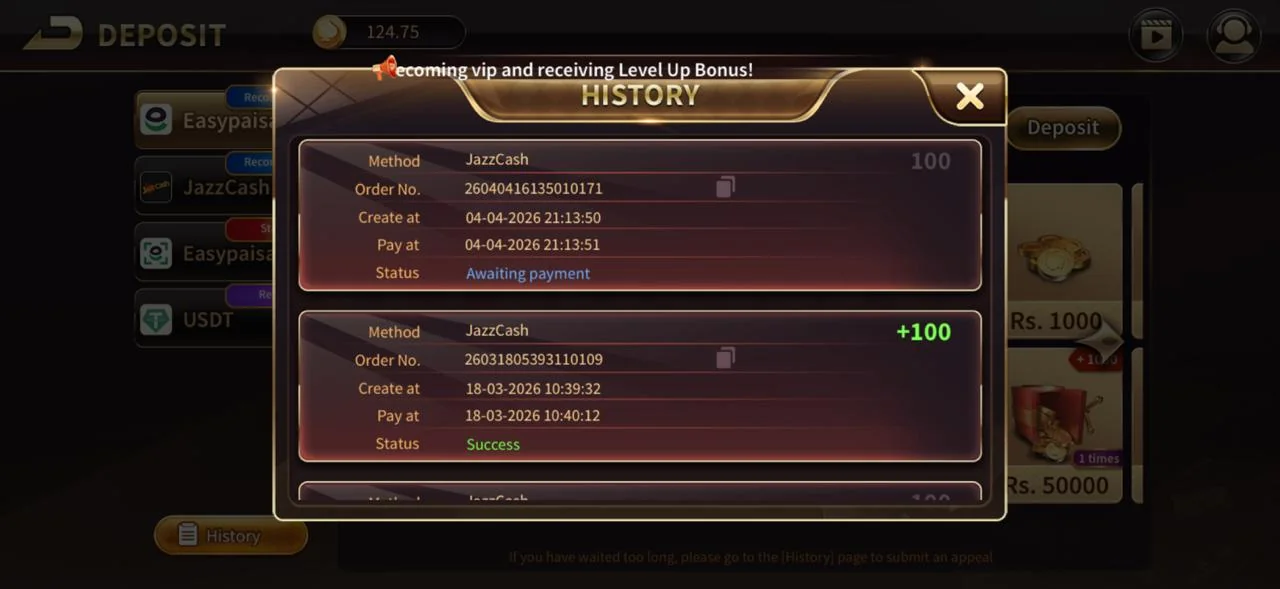 Royal X Casino — Wallet Royal X Casino wallet and deposit history screen showing JazzCash deposits of PKR 100 with Awaiting payment and Success statuses