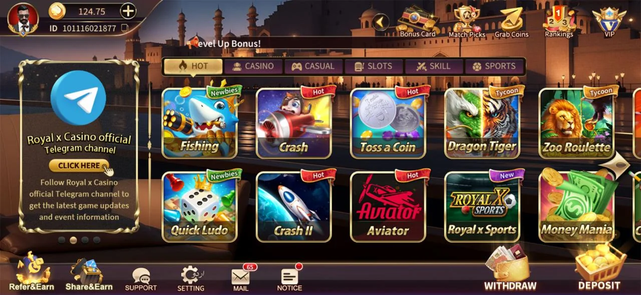 Royal X Casino — Home Screen Royal X Casino main home screen with Fishing, Crash, Toss a Coin, Dragon Tiger, Zoo Roulette and Aviator tiles