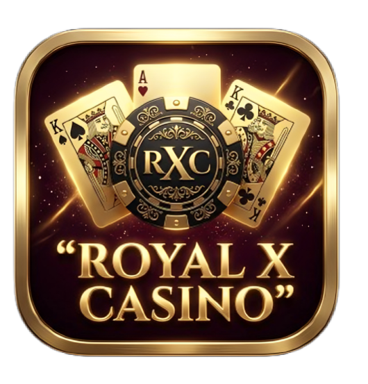 Royal X Casino APK Logo Royal X Casino app logo — gold-framed King, Ace, King cards with RXC casino chip