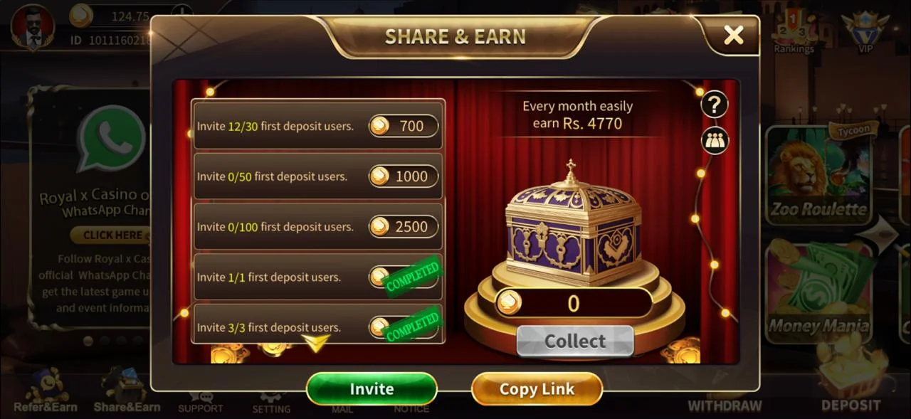 Royal X Casino — Bonus Center Royal X Casino Share and Earn bonus center showing invite milestones of 30, 50 and 100 first-deposit users with PKR 700, 1000 and 2500 rewards