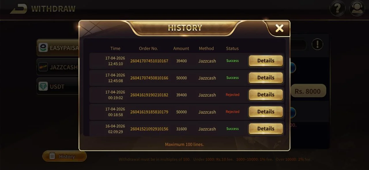 Royal X Casino — VIP Section Royal X Casino withdrawal history showing PKR 39,400 and PKR 50,000 JazzCash payouts with Success statuses — VIP-level withdrawal limits